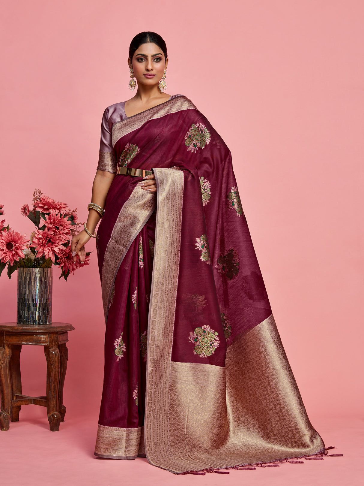 Mimosa Women's Woven Design Kanjivaram Linen Saree With Blouse Piece : SA00001231WNFREE