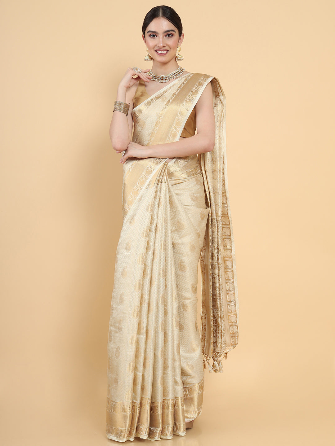 Mimosa Womens Art Silk Saree Kasavu Cream Color