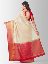 Mimosa Womens Linen Saree Kanjivaram style Halfwhite Color