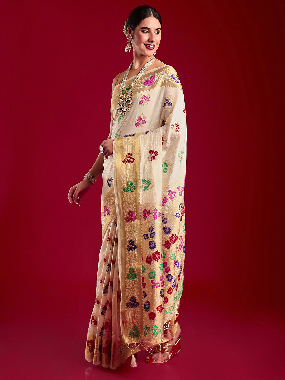 Mimosa Women's Woven Design Kanjivaram Art Silk Saree With Blouse Piece : SA00001186CRFREE
