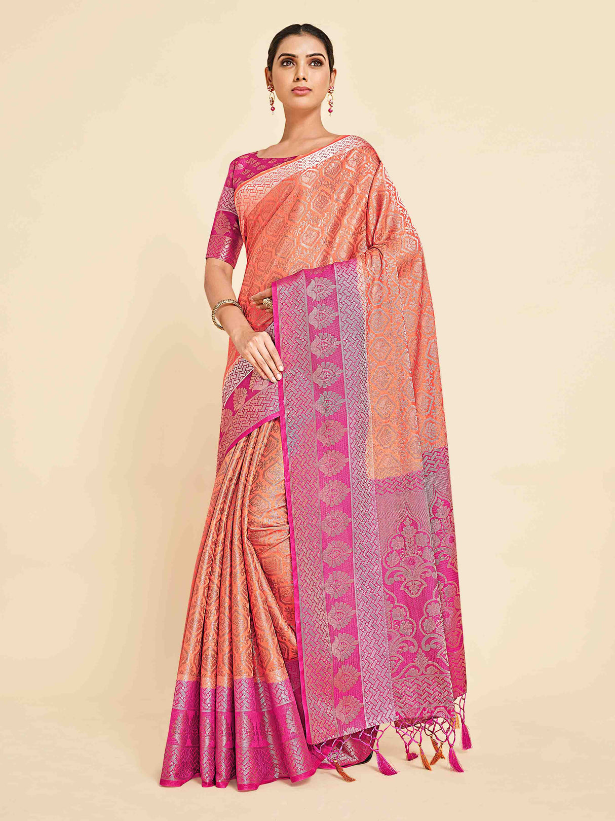 Mimosa Womens Art Silk Saree Kanjivaram style Peach Color