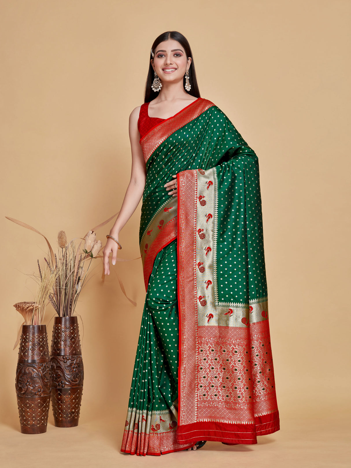 Mimosa Women's Woven Design Paithani Style Art Silk Saree With Blouse Piece : SA00001350GRNFREE