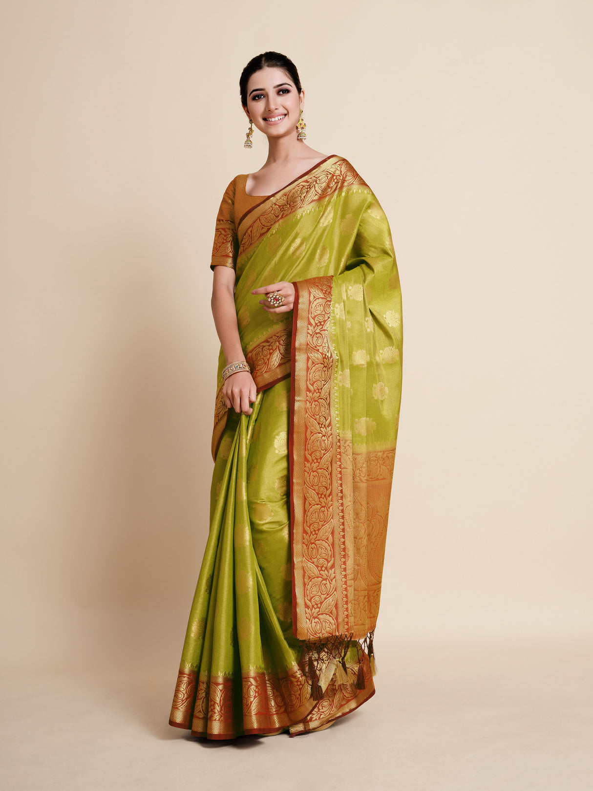 Mimosa Womens Art Silk Saree Kanjivaram Olive Color