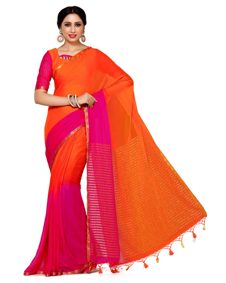 Mimosa Womens Chiffon Saree Kanjivaram Orange Color