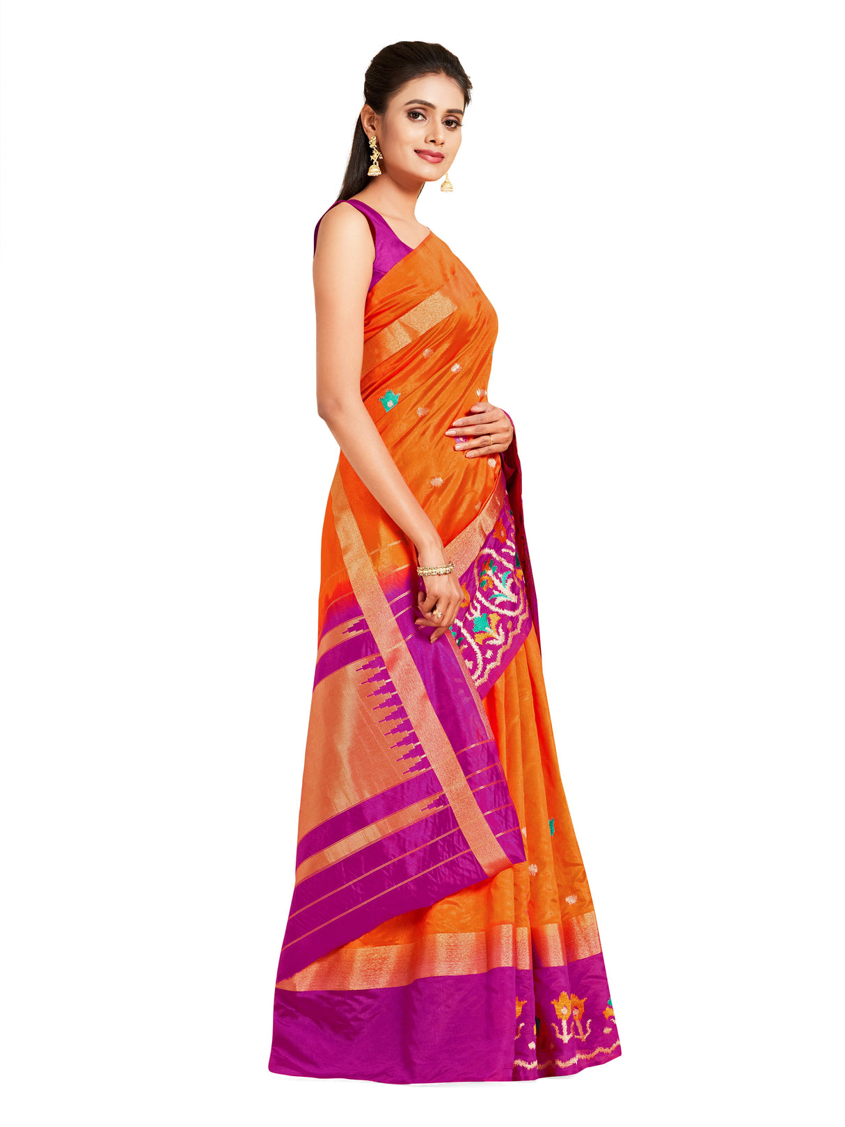 Mimosa Womens Art Silk Saree Kanjivaram style Orange Color