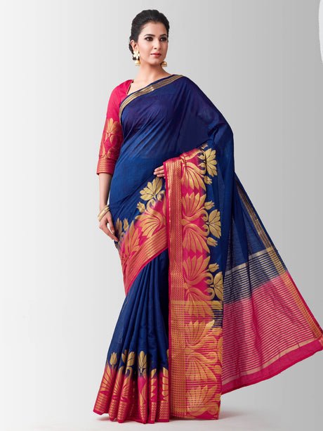 Mimosa Womens Linen Saree Kanjivaram style Navy Blue Color