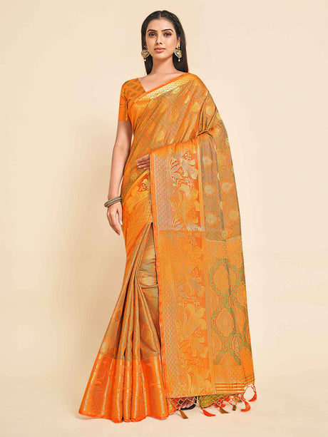 Mimosa Womens Art Silk Saree Kanjivaram Orange Color