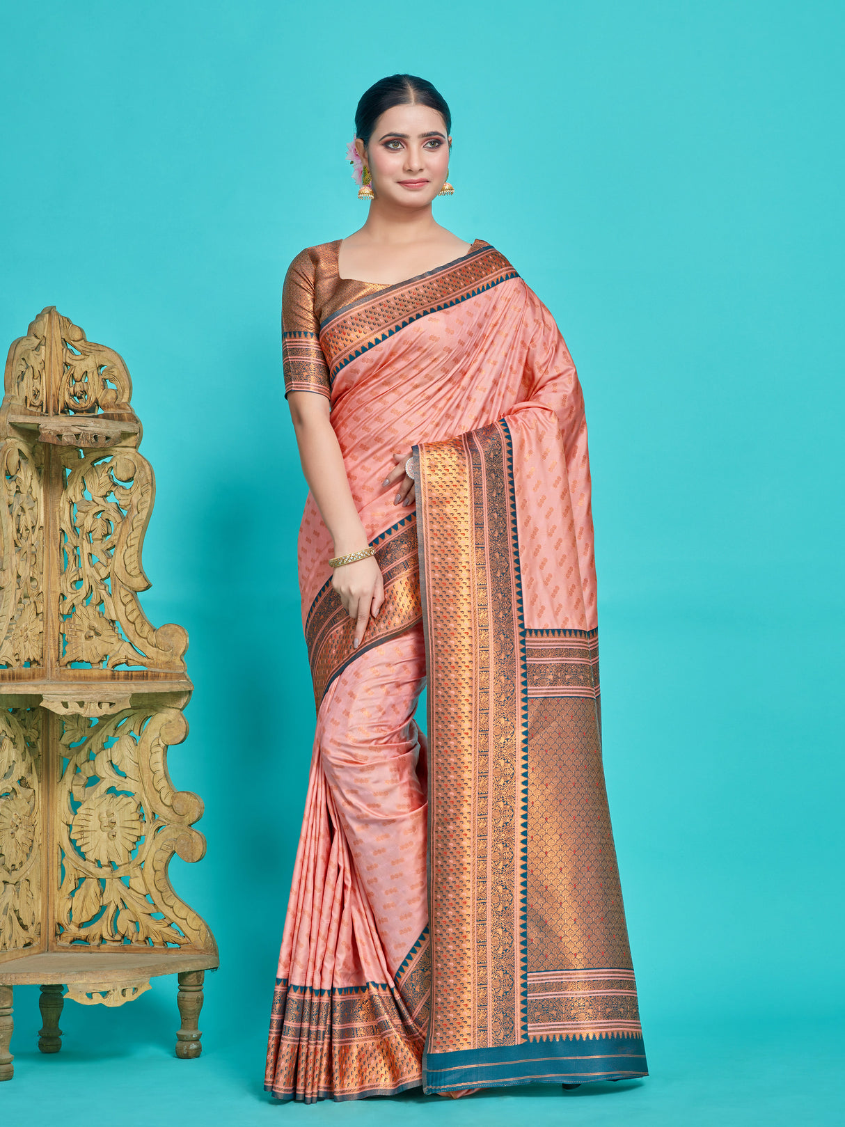 Mimosa Women's Woven Design Kanjivaram Style Art Silk Saree With Blouse Piece : SA00001388PCFREE