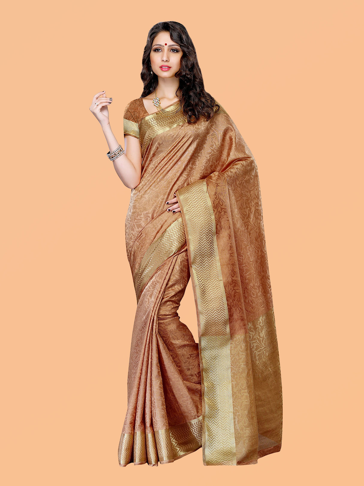 Mimosa Womens Tussar Silk Saree Kanjivaram style Chiku Color