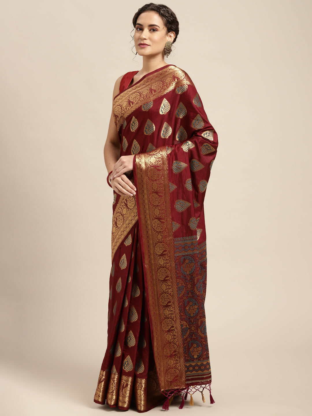 Sugathari Dames Art Silk Kanchipuram Saree Kastanjebruin - SAN PARI 75 MAROON
