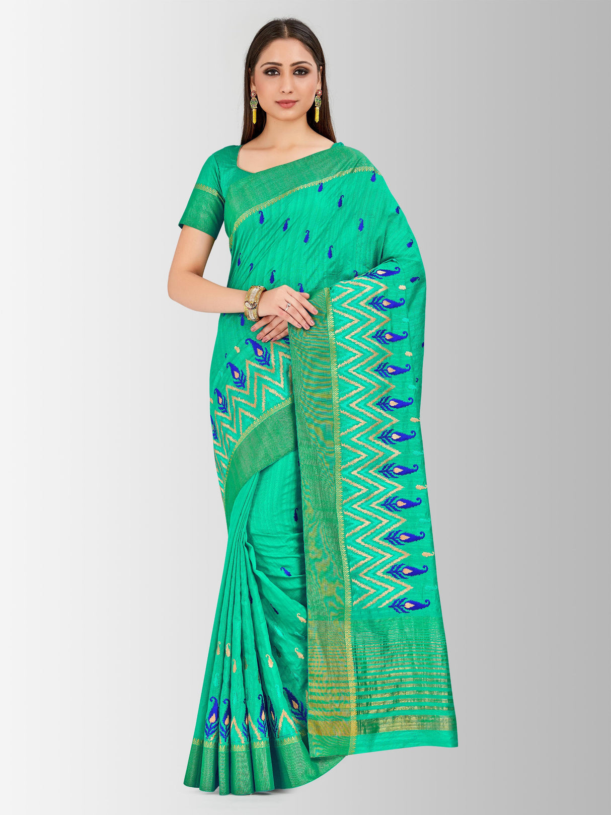 Mimosa Womens Raw Silk Saree Kanjivaram style Rama Color