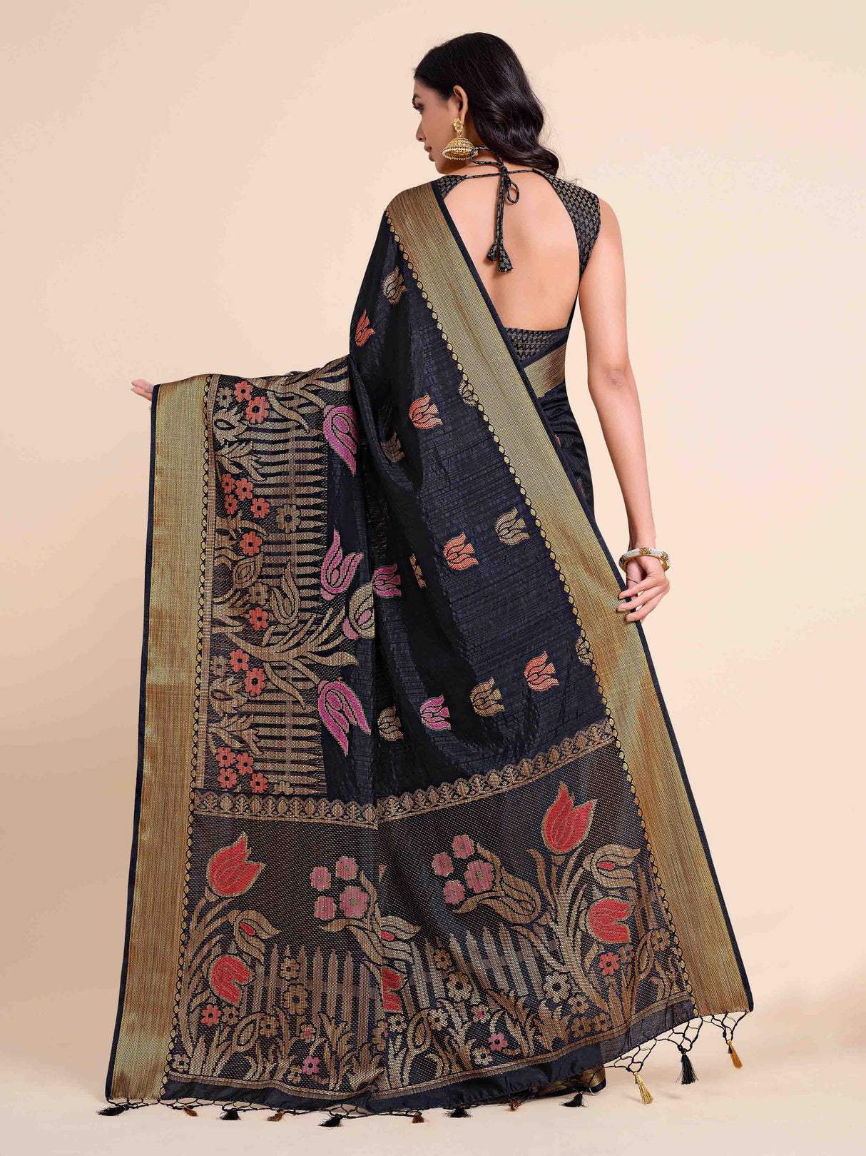 Mimosa Womens Art Silk Saree Kanjivaram style Black Color