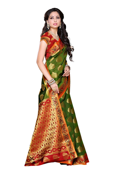 Mimosa Womens Art Silk Saree Kanjivaram Olive Color