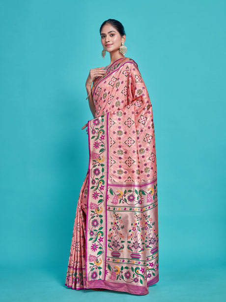 Mimosa Women's Woven Design Patola Style Art Silk Saree With Blouse Piece : SA00001379PNKFREE